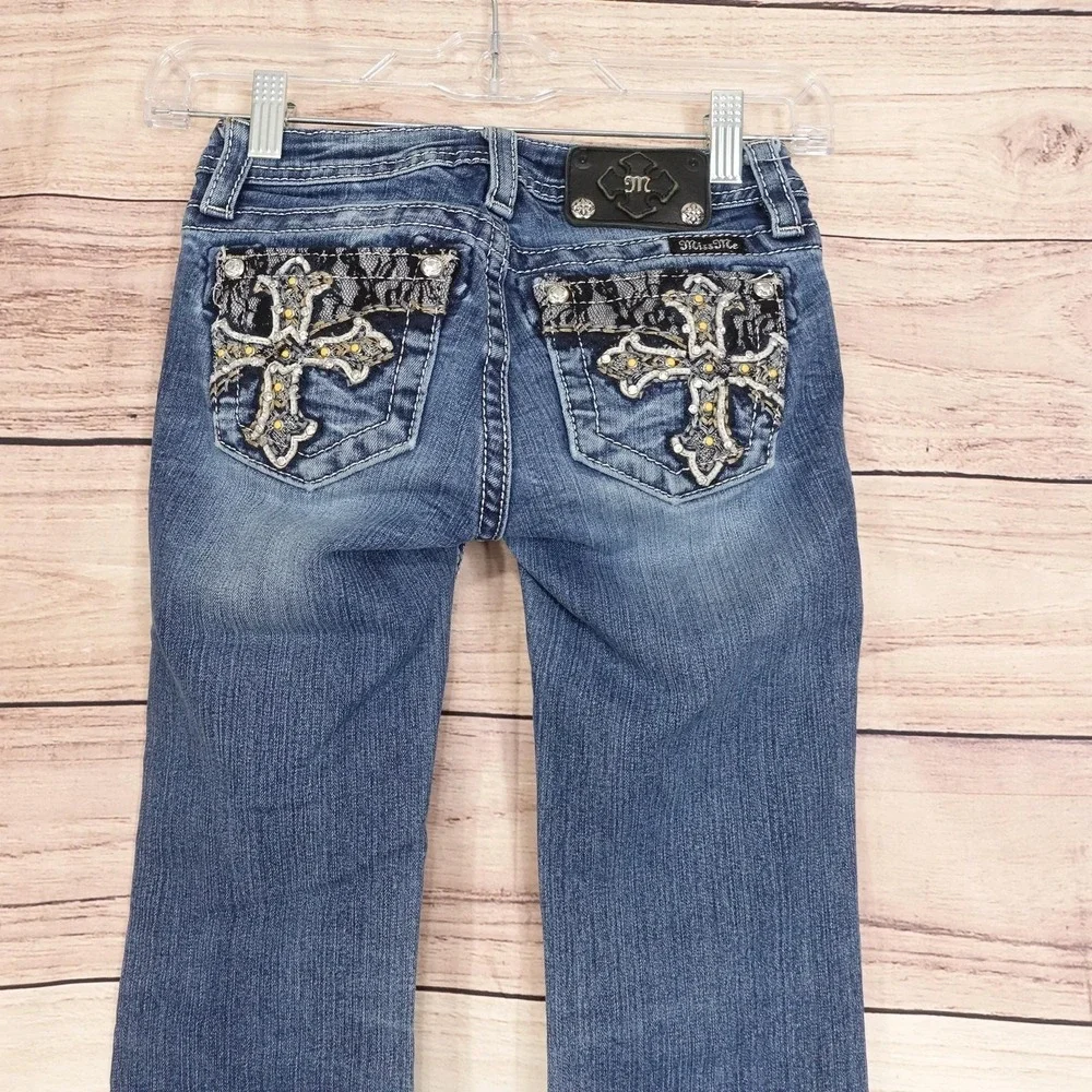 Miss Me Jeans Girls 10 Blue Bootcut Rhinestone Cross Back Pocket Stretch Denim